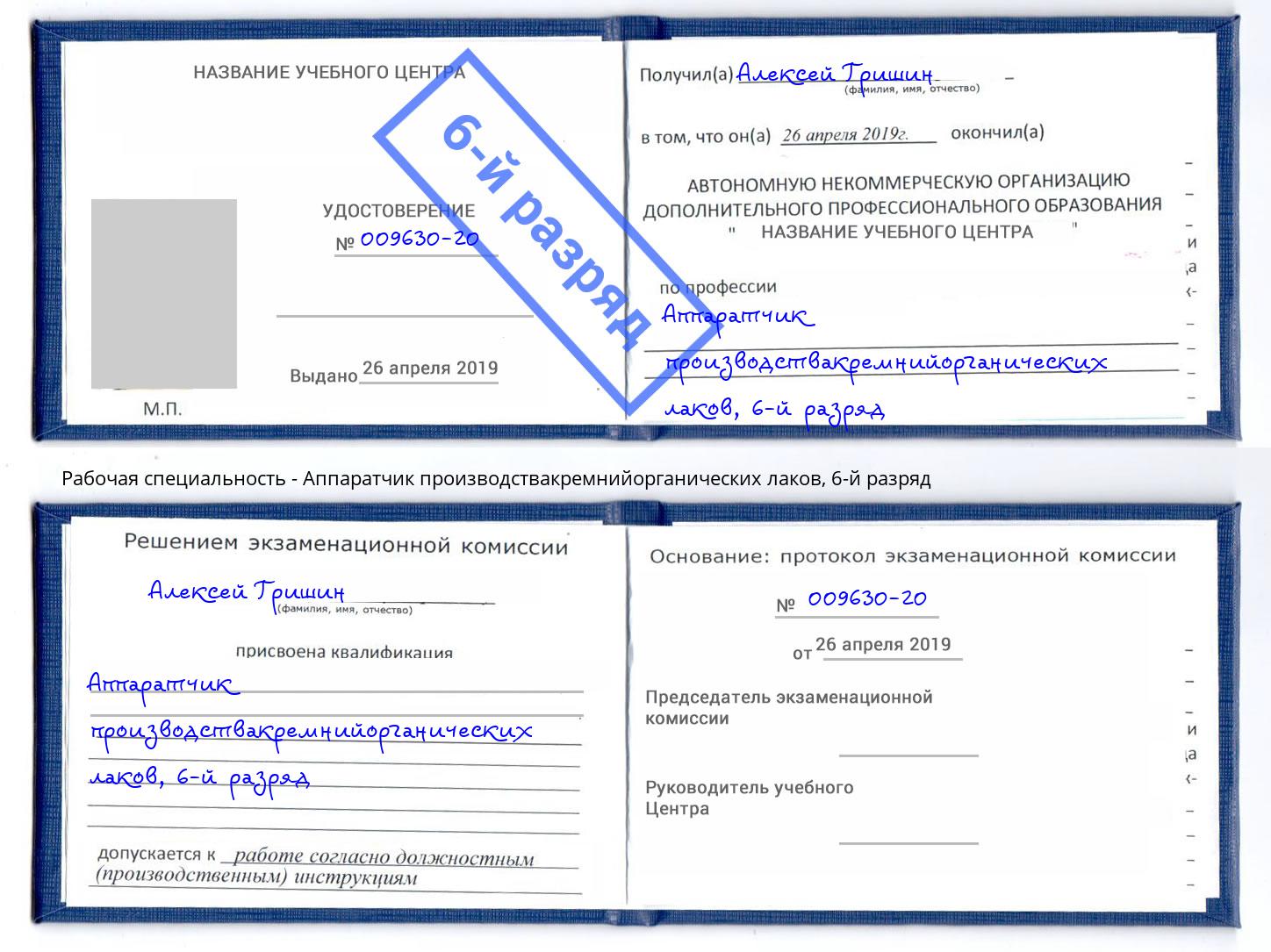 корочка 6-й разряд Аппаратчик производствакремнийорганических лаков Нижнеудинск