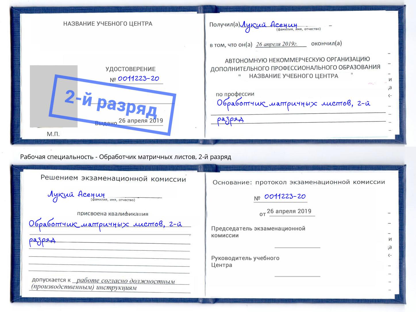 корочка 2-й разряд Обработчик матричных листов Нижнеудинск